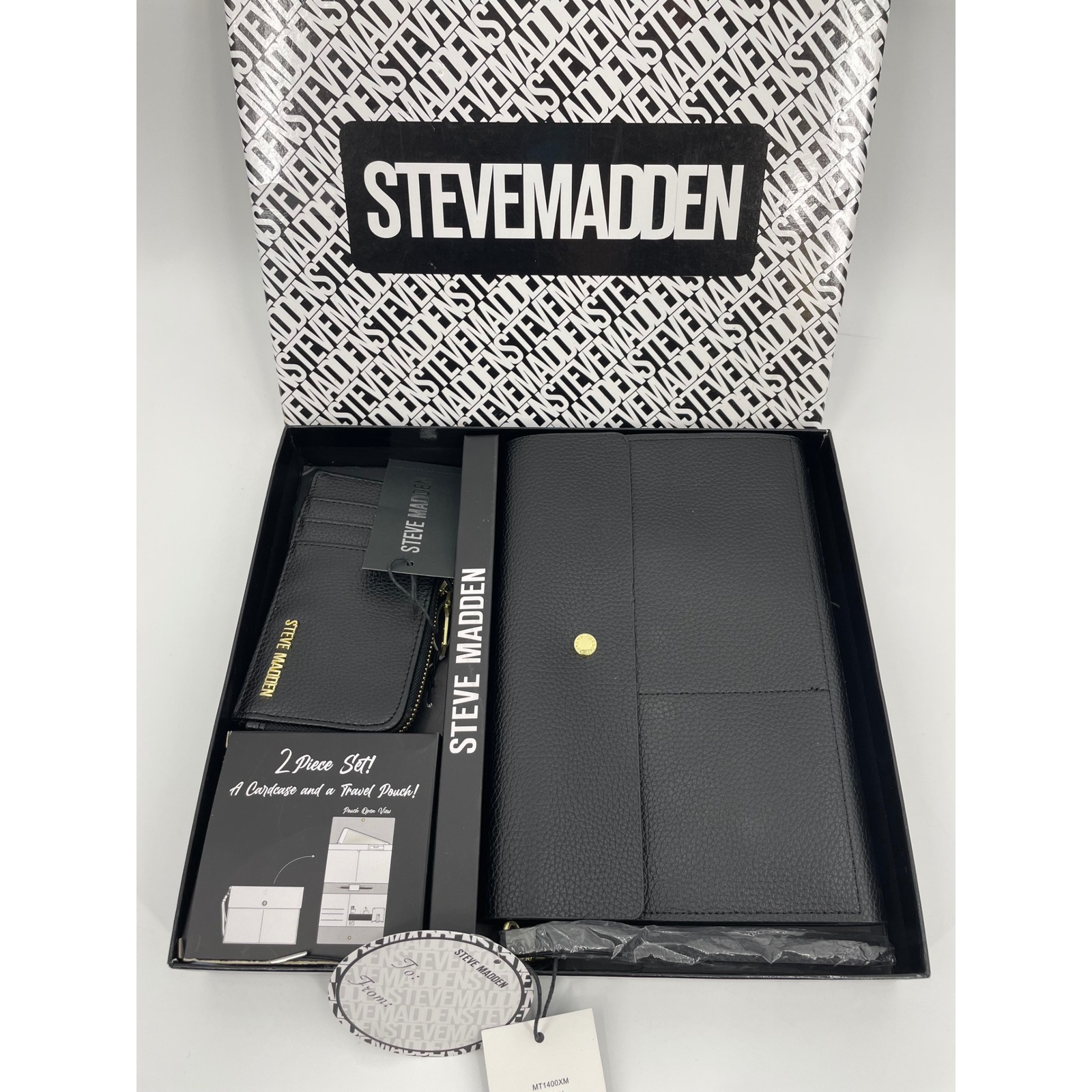 Steve Madden Travel Pouch Card Case Os Black Faux Leather Chic Gift Set Present